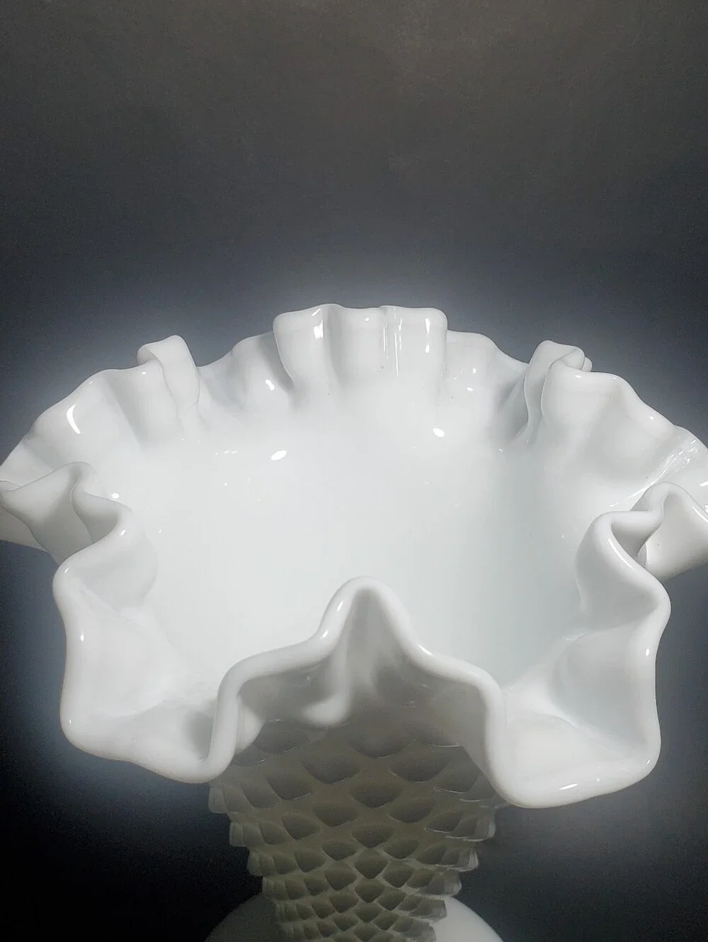 FENTON - Vintage Large Hobnail Milk Glass Trumpet Vase with Crimped Ruffled Rim